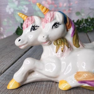 ceramic unicorns pair lying down figurine collectible gift for her/girl rainbow decor