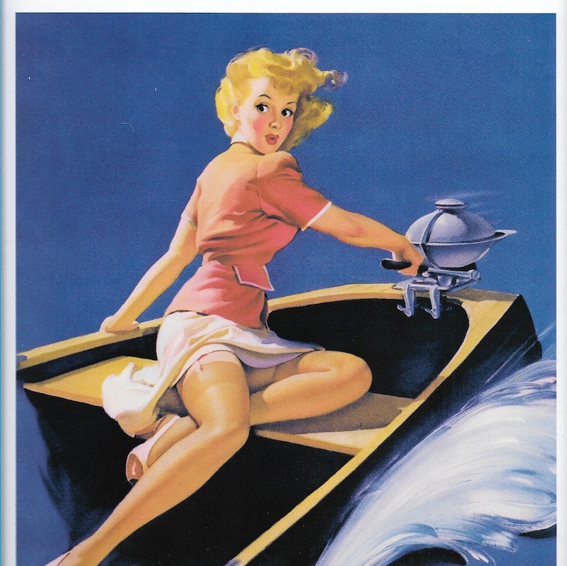 1940/'s playful woman lithograph 1950/'s pinup girl litho vintage wall art boat
