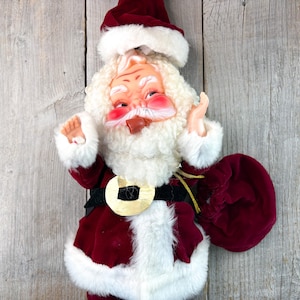 vintage 14&quot; santa claus doll made in hong kong rubber face velvet outfit