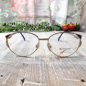 blue multi light gold eyeglass frames only oversized round prescription glasses 1990s unisex/men/women 90s dead deadstock vintage fashion