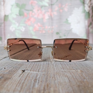 oversized square rimless sunglasses light gold metal frames eyewear deadstock vintage fashion accessories 1990s 90s unisex/men/women retro