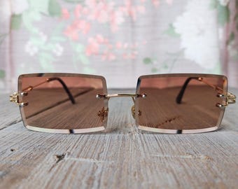 Vintage 90s Rimless Sunglasses: Oversized Square Gold Metal Frames