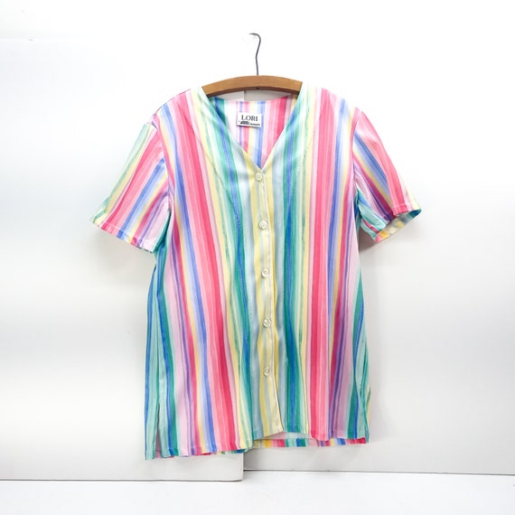 womens vintage shirt rainbow striped polyester to… - image 1