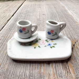 childrens porcelain dishes miniature serving set child pretend play vintage collectible decor tray, cup, saucer, creamer shabby chic mini