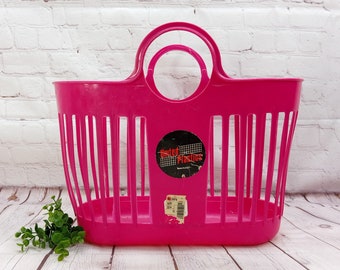 80s vintage hot pink plastic basket tote, waterproof beach bag