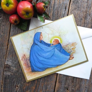 baby Jezus moeder Maria kerstkaart heilig licht kroonkribbe scène blauw wenskaart vintage nos briefpapier moeder/moeder/grootmoeder/zus