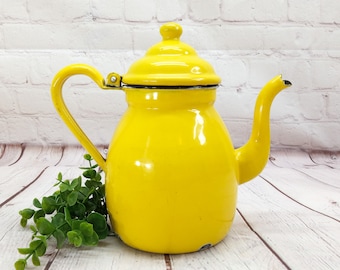 vintage enamel metal teapot yellow | coffee pot kettle hinged lid | kitchen home decor