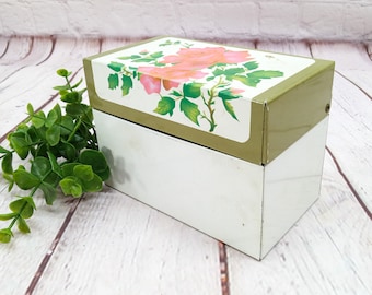 vintage metal recipe box hinged lid | index card storage box | white with pink roses