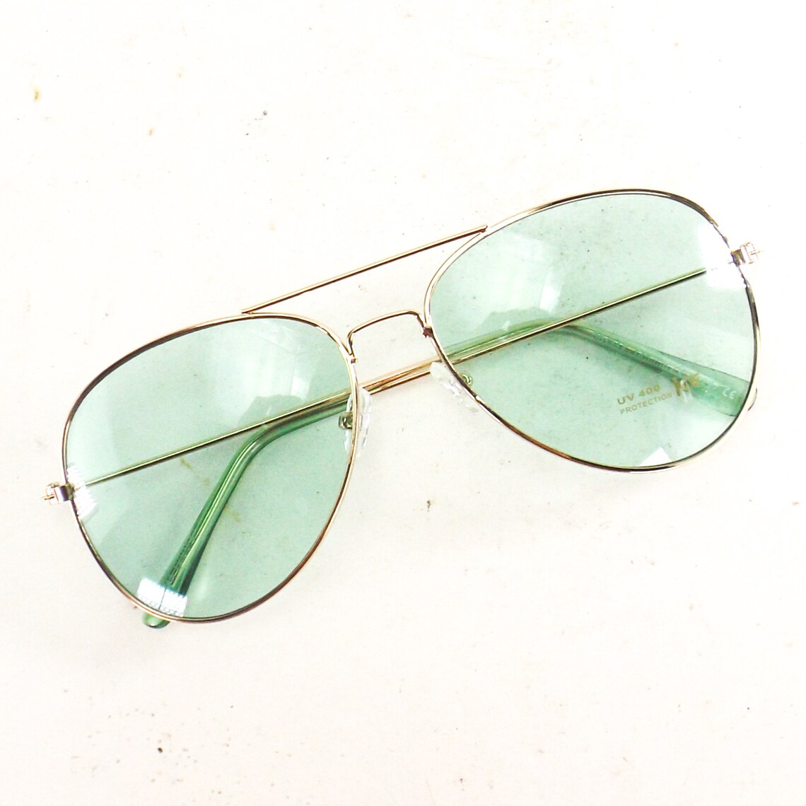 Green tint aviator sunglasses gold metal frames vintage NOS Etsy