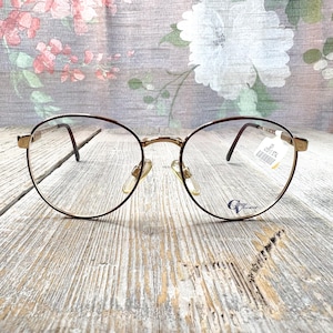 vintage eyeglass frame only eyeglasses round 51[]18/140 brown marble/gold metal glasses unisex/men/women deadstock prescription eyewear nos