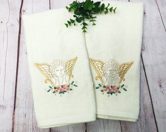 vintage pair of cream hand towels cotton with embroidered cherub angels