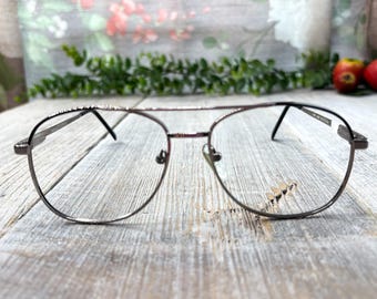 Vintage Double-Bridge Aviator Eyeglass Frames: Gray Silver Square NOS 1990s (56[]18/145)