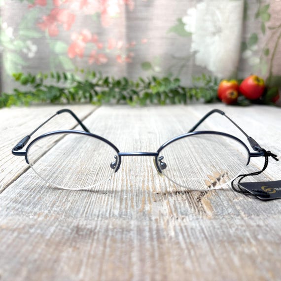 Oval Eyeglass Frames: Matte Metallic Blue Vintage… - image 1