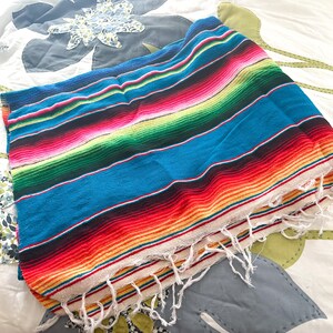 vintage serape blanket blue/rainbow striped mexican blanket with fringe