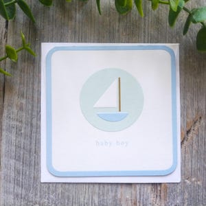 biglietto di auguri per baby shower con barca a vela blu, auguri americani, biglietto d'auguri vuoto vintage, regalo per neonato, asilo nido, 3,5" x 3,5" piccolo biglietto quadrato, barca, USA