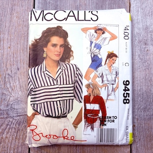 Mccalls-naaipatroon jaren 80 shirt/blouse met korte mouwen/lange mouwen/topmaat xs x-small Brooke Shields designer modestijl
