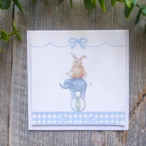 jongen babyshower kaart amerikaanse groeten cadeaukaart blanco klein hartje vintage cadeau konijn olifant bal geruite strik