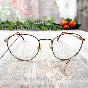 eyeglass frames only 51[]18/135 gold rimmed tortoise round eyeglasses unisex/men/women deadstock/vintage/nos glasses 1990s