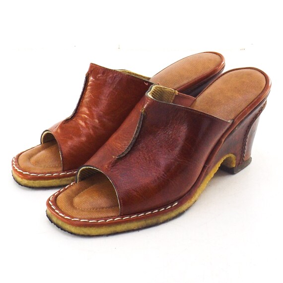 vintage open toe pumps women 6 | brown leather he… - image 2