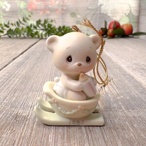 Baby bear precious moments ornament good news first Christmas special issue collectible decoration original box bisque porcelain holiday 80s