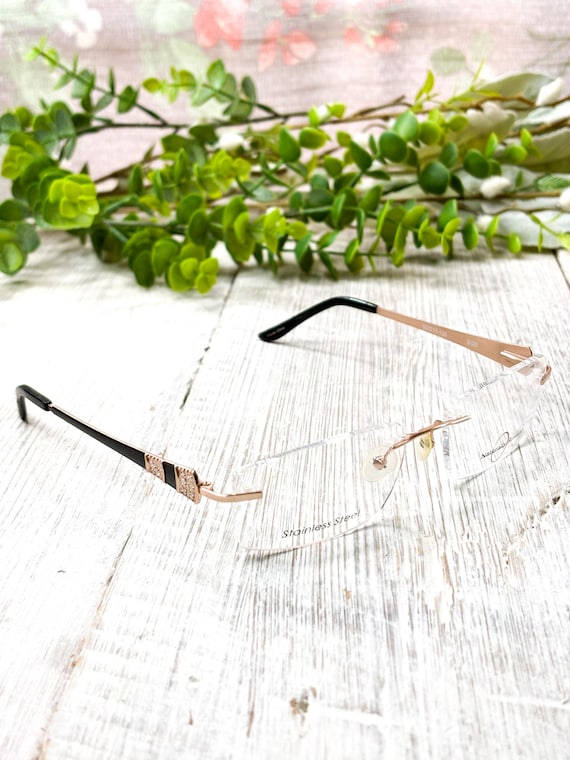 Vintage Rimless Rectangular Eyeglass Frames: Blac… - image 1