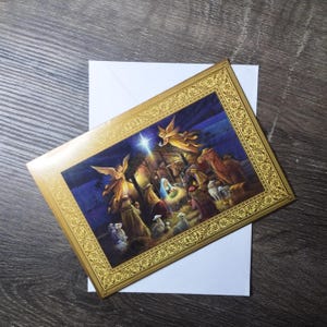 Jesús en un pesebre tarjeta de navidad tarjeta de felicitación vintage maría y josé ángeles estrella religión cristiana religiosa bendiciones paz amor alegría