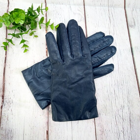 vintage womens dark blue leather gloves - image 2