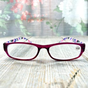 rectangle magnifying reading glasses +6.00 purple with multi-color chevron women readers eyeglasses