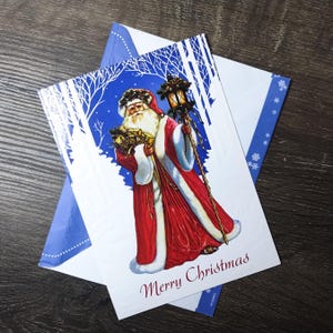 carte de noël saint nicolas carte de voeux saint nick père noël rouges tenue forêt bleus blancs lanterne joyeuses fêtes à l'arrêt ancien nos
