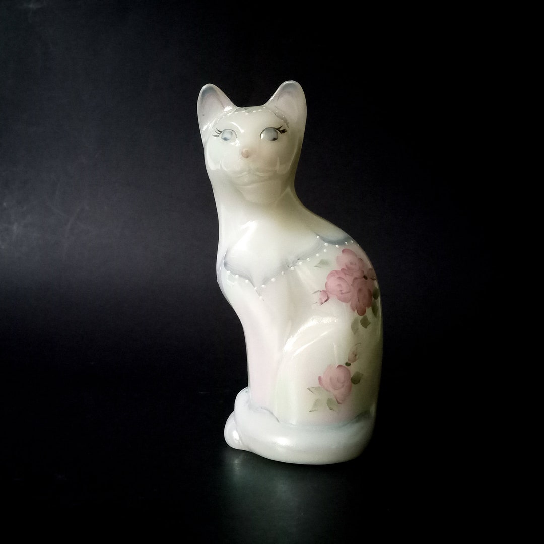 Vintage Fenton Opalescent Glass Cat Hand Painted Fenton Glass Cat
