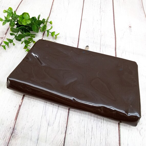 vintage brown patent leather clutch purse with go… - image 3