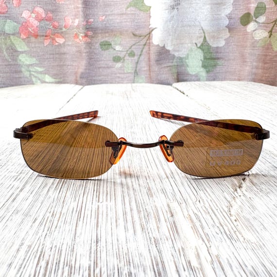 Rimless Rectangle Sunglasses: Copper Lens, Tortoi… - image 1