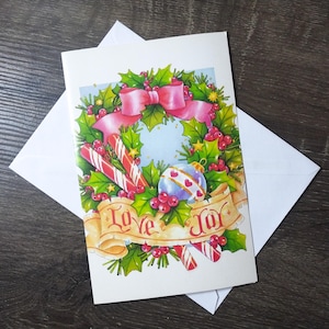 Tarjeta de corona navideña con amor, alegría, tarjetas inglesas, ltd, usa, tarjetas de felicitación, números, tarjeta navideña vintage, mejores deseos, vacaciones, paz, papelería, él/ella