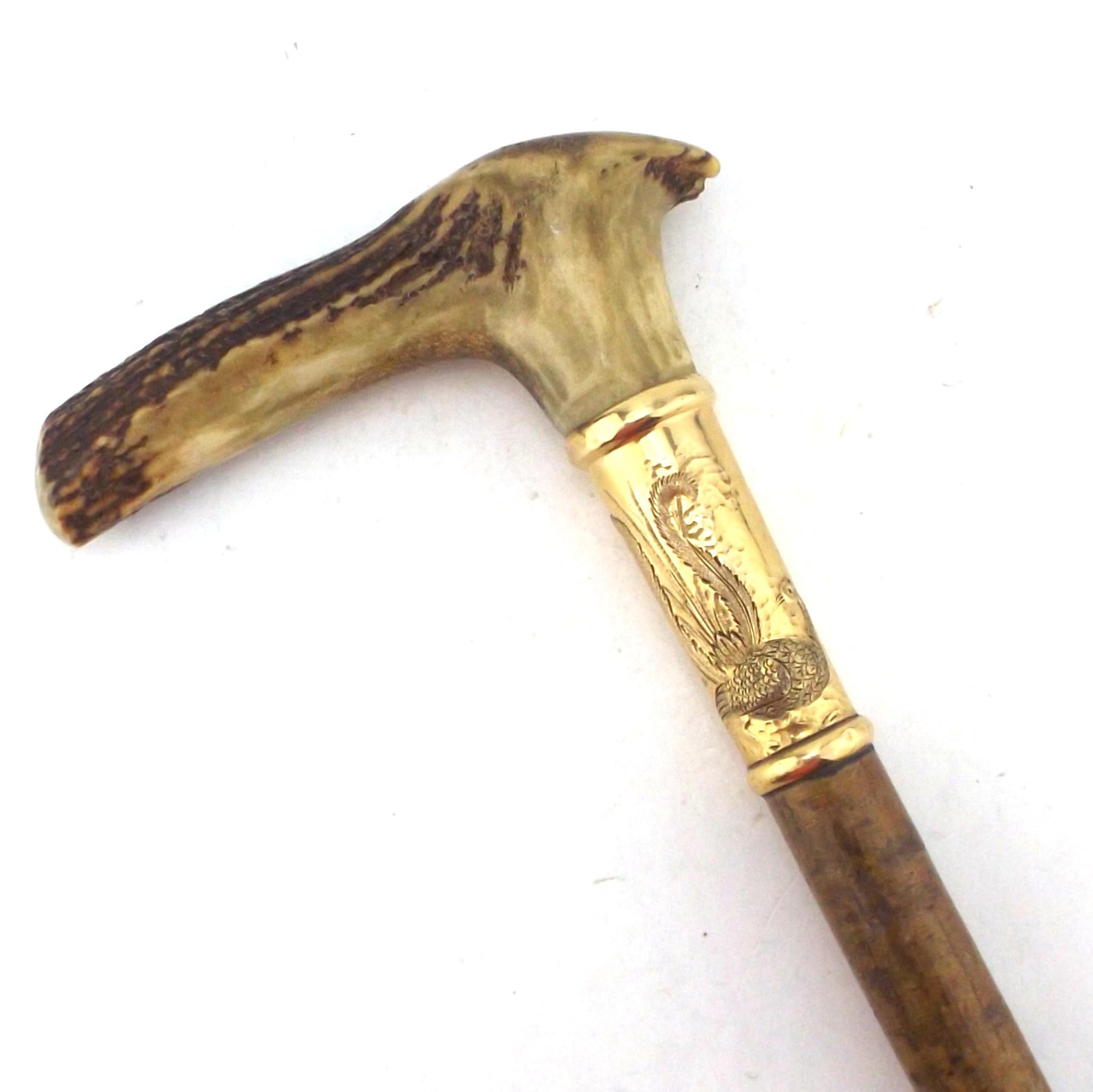 Deer antler handle cane wood walking stick gold repousse birds Etsy