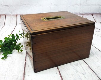 vintage large square wood box with brass handle