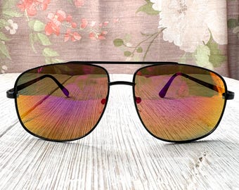 Oversized Square Aviator Sunglasses: Black /etsl with Orange Reflective Lenses