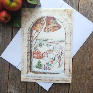 campane della chiesa cartolina di natale scena invernale paesaggio cristiano religione luca 2:15 cartolina religiosa estetica vintage cancelleria amico/collega