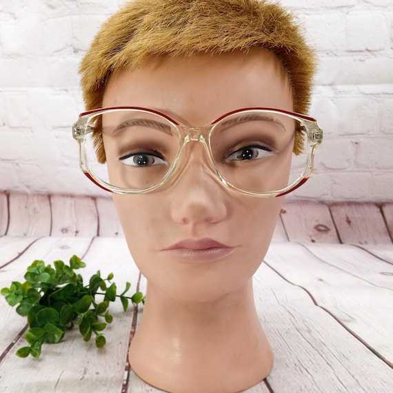 1980s large round eyeglasses clear and brown/red … - image 6