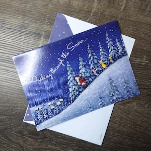 Tarjeta navideña vintage corriendo por la nieve, tarjeta de felicitación, nuevo stock antiguo, retro, esquí, árboles de Papá Noel, cabañas de nieve, cálidos deseos, temporada navideña