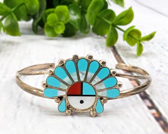 vintage sterling silver cuff bracelet turquoise, coral, mother of pearl