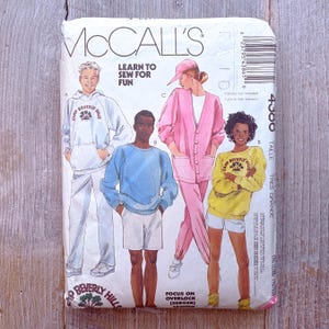 mccalls sewing pattern 4386 women/miss/men/teen/boys/girls/unisex size xl camp beverly hills hoodie/sweatshirt cardigan/jogging pants/shorts