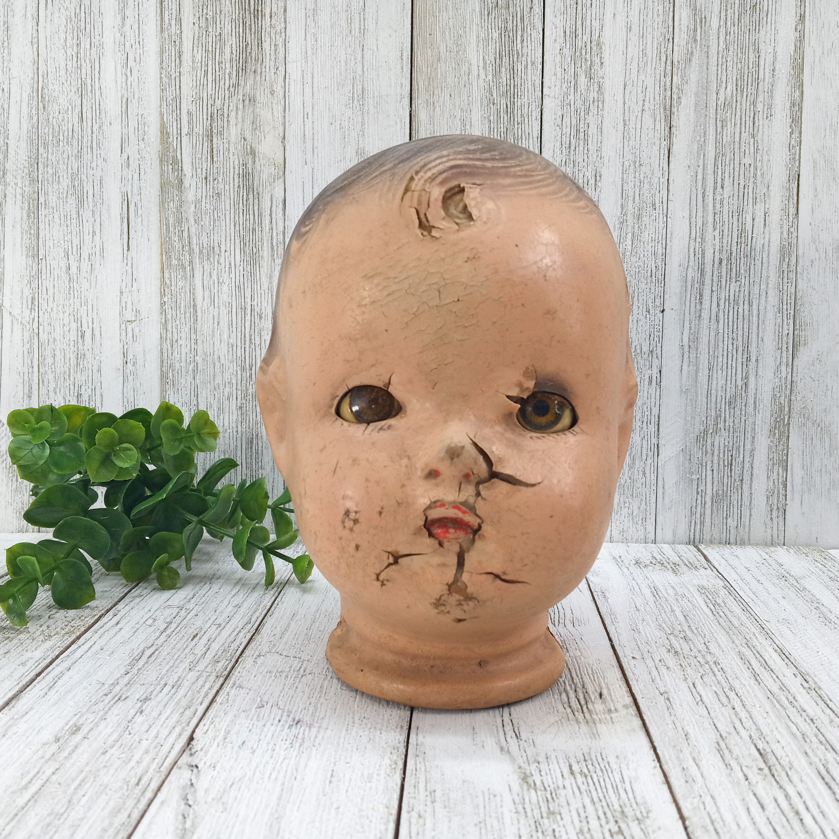 Vintage Creepy Doll Head, Composition Doll Head Decor 