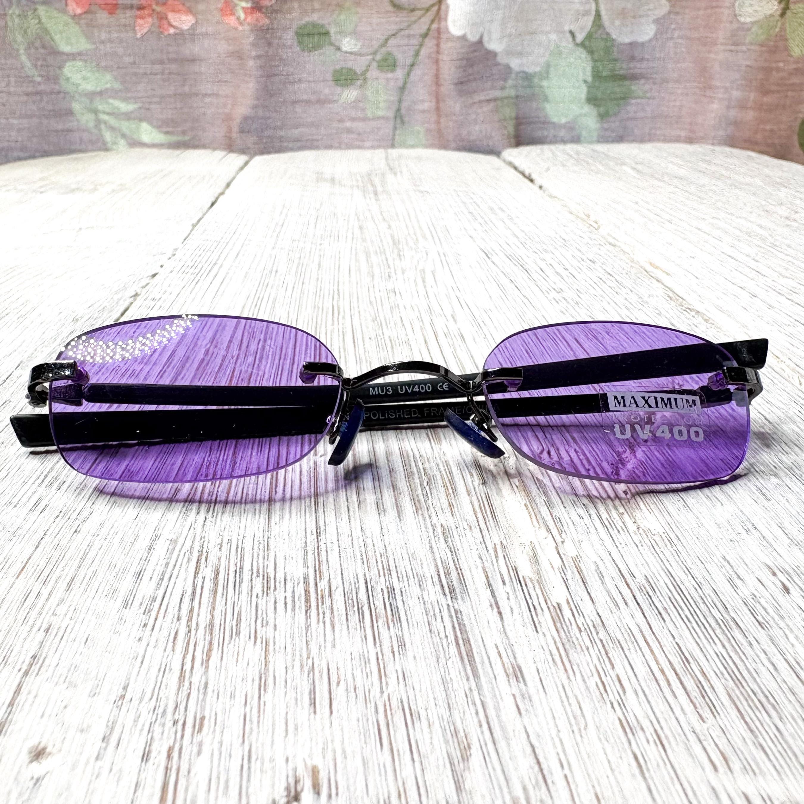Rimless Rectangular Sunglasses: Purple Lens, Unisex UV 