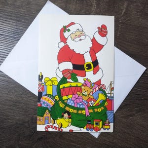 Tarjeta de Navidad de Papá Noel con deseos de alegría y alegría y un feliz año nuevo con un saco de juguetes, tarjeta de felicitación de Papá Noel con papelería vintage, para él/ella/hombre/mujer/amigo
