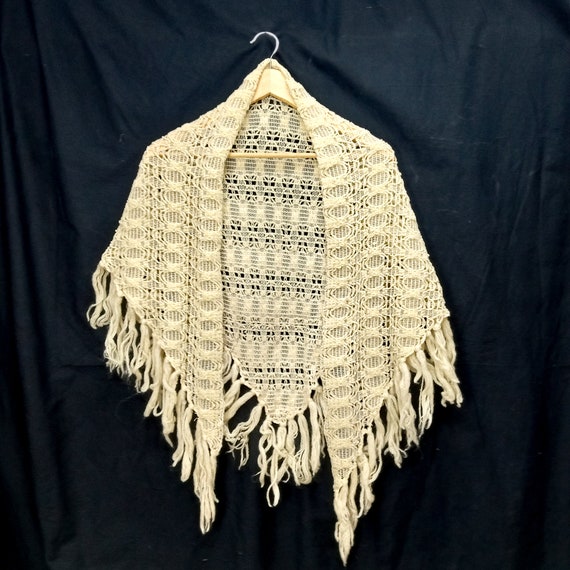1970s crocheted shawl with fringe chenille shawl … - image 1