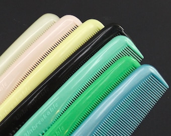 vintage NOS unbreakable large hair comb, 70s 80s hair styling accessories, long nylon plastic comb, blue, yellow, pink, green, black, white