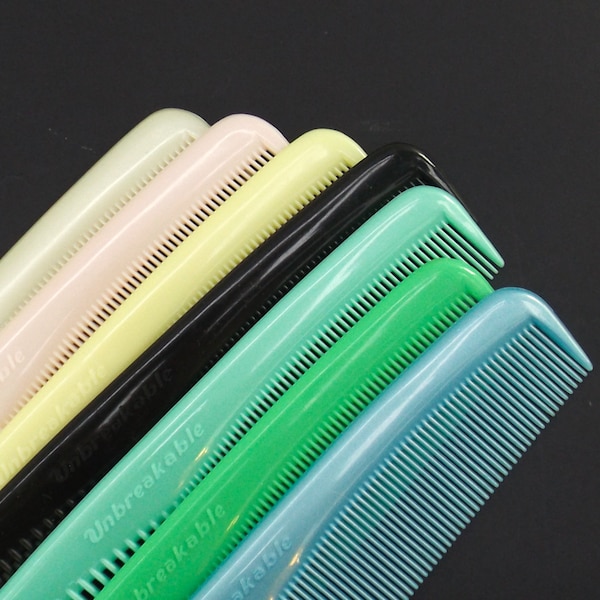 vintage NOS unbreakable large hair comb, 70s 80s hair styling accessories, long nylon plastic comb, blue, yellow, pink, green, black, white