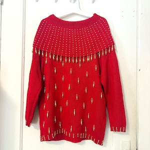 red cowl neck sweater, women&#39;s petite size medium, embellished with gold beading, long heavy sweater by Victoria Harbour