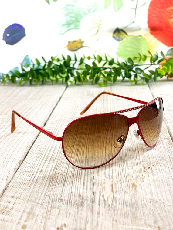 Aviator Sunglasses: Red Metal, Rhinestones, Bronze Lenses, UV400