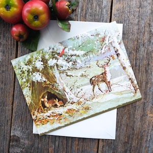 Familia de ciervos, tarjeta de Navidad, tarjeta de felicitación navideña, bosque, árboles, cervatillo cubierto de nieve, pájaro rojo, cardenal, besado, paz, salud, felicidad, amigo